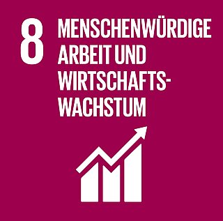 Icon des 8. Sustainable Development Goals "Menschenwürdige Arbeit und Wirtschaftswachstum": weiße Wachstumskurve auf dunkelrotem Hintergrund