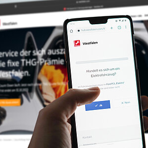 THG-Quote E-Auto. Handy mit geöffneter Westfalen-Hub Seite
