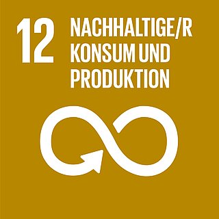Icon des 12. Sustainable Development Goals "Nachhaltiger Konsum und Produktion": Ein weißes Unendlichkeitszeichen auf beige-braunem Hintergrund