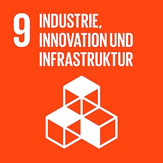 Icon des 9. Sustainable Development Goals "Industrie, Innovation und Infrastruktur": gestapelte weiße Würfel auf orangem Hintergrund