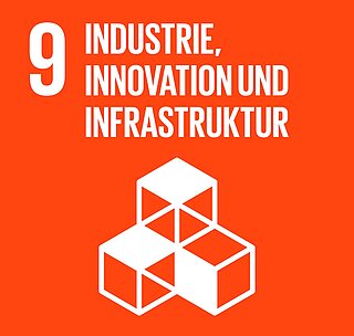 Icon des 9. Sustainable Development Goals "Industrie, Innovation und Infrastruktur": gestapelte weiße Würfel auf orangem Hintergrund