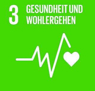 Icon des 3. Sustainable Development Goals "Gesundheit und Wohlergehen": Herzschlag Linie und Herz auf grünem Hintergrund
