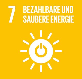 Icon des 7. Sustainable Development Goals "Bezahlbare und Saubere Energie": Eine weiße Sonne mit Aus-Knopf auf gelbem Hintergrund