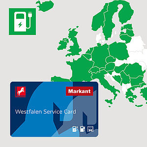 E-Auto unterwegs laden. Europakarte mit Ländern, Westfalen Card Ladepunkte