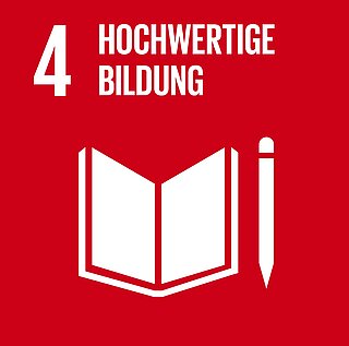Icon des 4. Sustainable Development Goals "Hochwertige Bildung": weißes Buch und Stift auf rotem Hintergrund