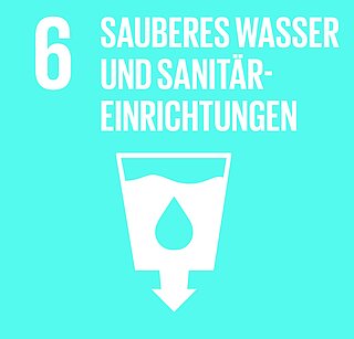 Icon des 7. Sustainable Development Goals "Sauberes Wasser und Sanitäreinrichtungen": Ein weißes Wasserglas auf türkisem Hintergrund