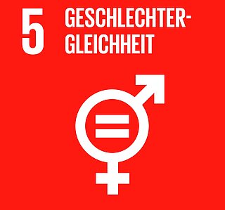 Icon des 5. Sustainable Development Goals "Geschlechtergleichheit": weißes Geschlechtersymbol mit Gleichheitszeichen in der Mitte