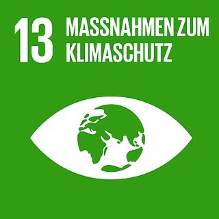 Icon des 13. Sustainable Development Goals "Maßnahmen zum Klimaschutz": Ein Auge mit Weltkugel als Pupille auf grünem Hintergrund