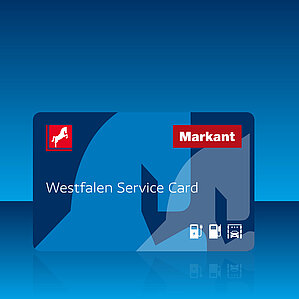 Westfalen Tankkarte für Mitarbeiter. Westfalen Card auf blauem Hintergrund